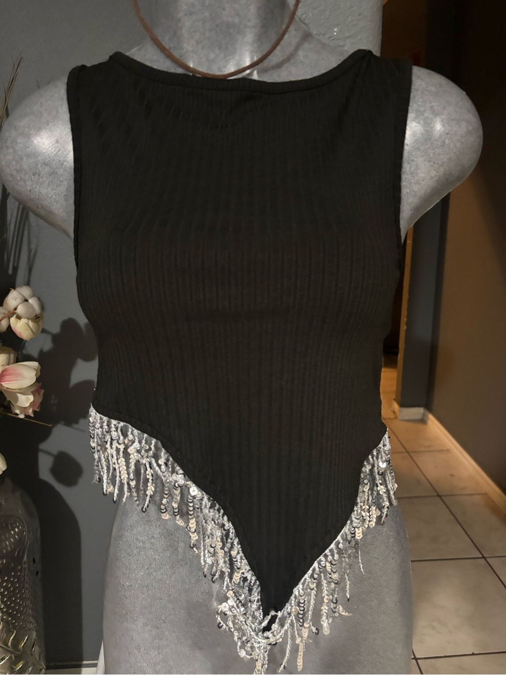 SHEIN Black Ribbed Tank with Beaded Fringe Hem